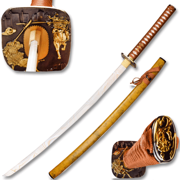 Details about   1/6 Scale Metal Katana Blade Flower Orange Silver Hilt White Gold Sheath Ninja 